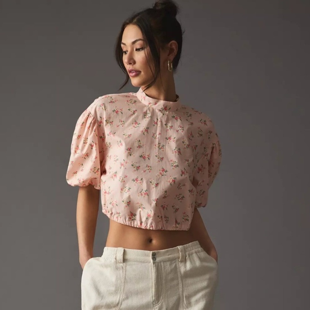 Anthropologie Pink Floral Puff Sleeve Crop Top Open Back Cottagecore Romantic-L